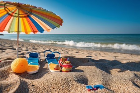 Baby shoes and colorful umbrella on the beach. selective focus.の素材