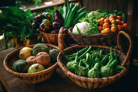 Variety of fresh vegetables in wicker baskets on wooden table.の素材