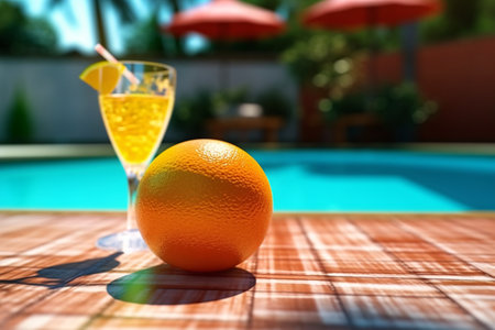 Orange juice and cocktail on swimming pool background. Healthy lifestyle concept.の素材