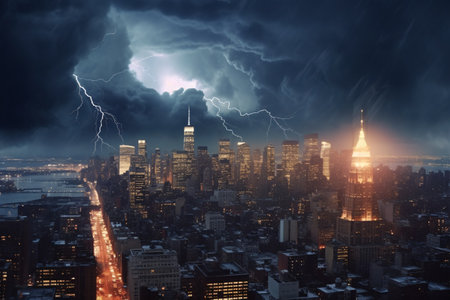 Storm over the New York City Manhattan downtown skyline at night, USA.の素材