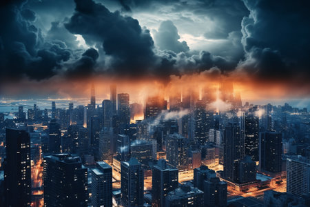 Storm over the city at night as a concept for climate change.の素材