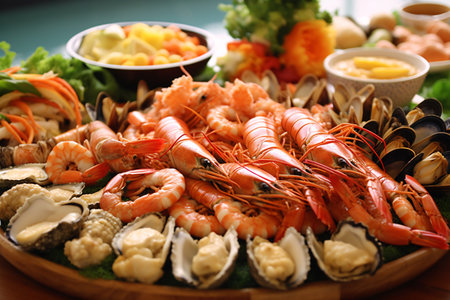 Seafood platter on table, closeup. Seafood platterの素材