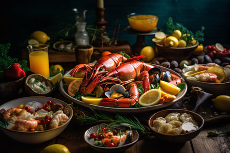Seafood platter with lobster, shrimps and musselsの素材