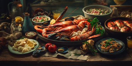 Seafood on the table. Seafood dishes in a restaurantの素材