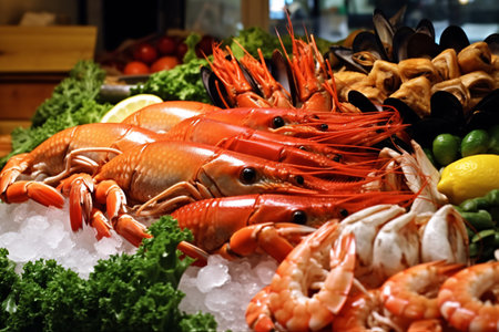 Fresh seafood on ice in fish market, closeup. seafood backgroundの素材