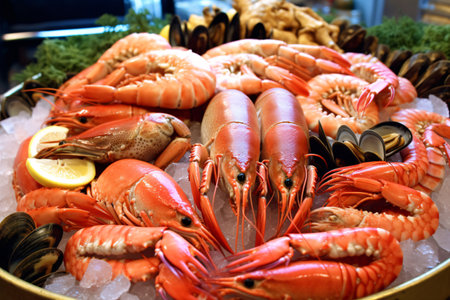 Fresh seafood on ice in a restaurant. Seafood and healthy eating concept.の素材