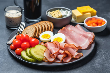 Breakfast with boiled eggs, ham, cheese and vegetables on a black backgroundの素材
