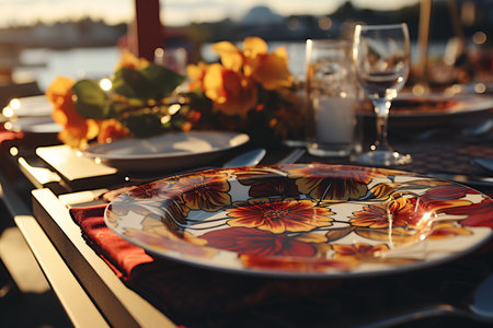 Beautiful table setting in restaurant outdoors, closeup. Space for textの素材
