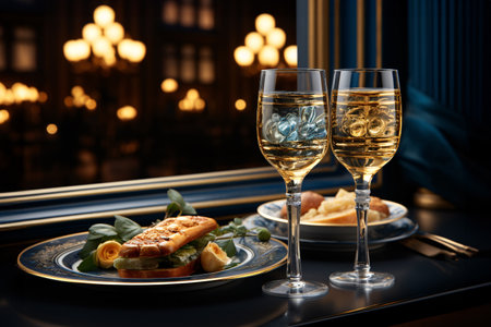 Two glasses of white wine and appetizers on a table in a restaurantの素材