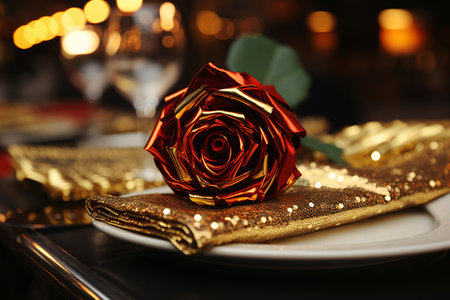 Festive table setting with beautiful roses on blurred background, closeupの素材