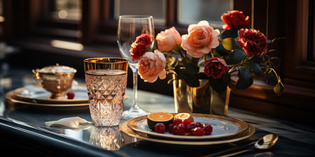 Table setting with wine glasses, plates, crockery and flowersの素材
