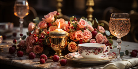Romantic table setting with roses, candles and wine. selective focus.の素材