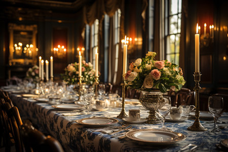 Elegant table setting with flowers and candles in a luxury restaurantの素材