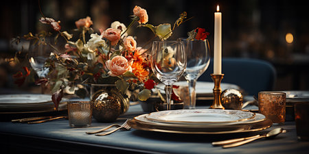 Elegant table setting with roses, candles and cutleryの素材