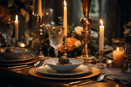 Festive table setting with candles and golden cutlery. selective focus.の素材