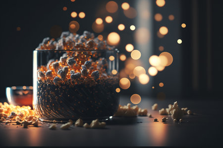 Bowl of sweet popcorn on table, closeup. Bokeh effectの素材