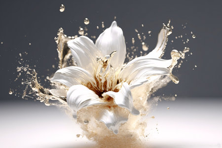 White flower with water splash on gray background. 3d illustration.の素材