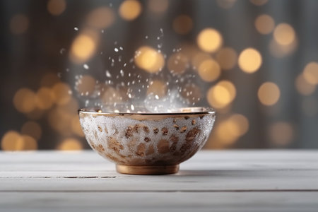 Cup of hot drink with falling snow on table against blurred lightsの素材