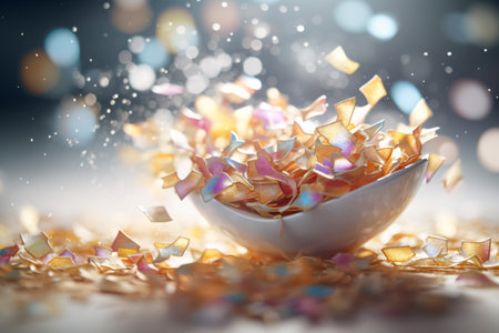 Bowl of golden confetti with bokeh lights on backgroundの素材