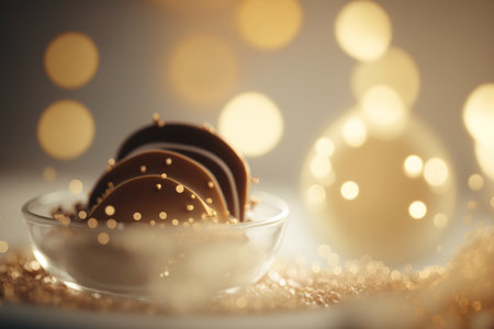 Close-up of chocolate candies in glass bowl with golden bokeh backgroundの素材