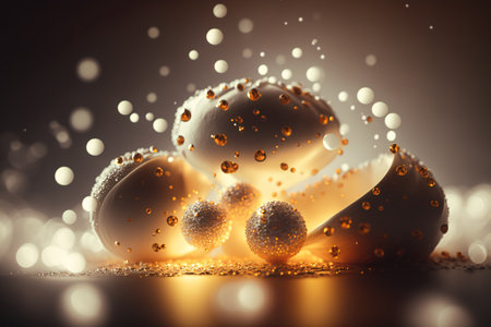 Christmas decoration with golden balls and bokeh lights on dark backgroundの素材