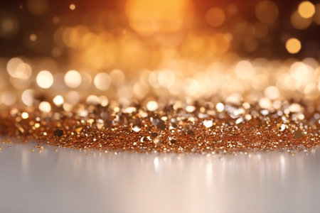 Golden glitter background with bokeh defocused lights and stars.の素材