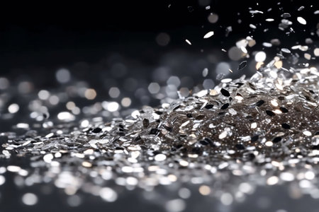 Silver confetti on a black background. Shallow depth of field.の素材