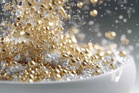 Falling golden confetti in a bowl. 3d rendering.の素材
