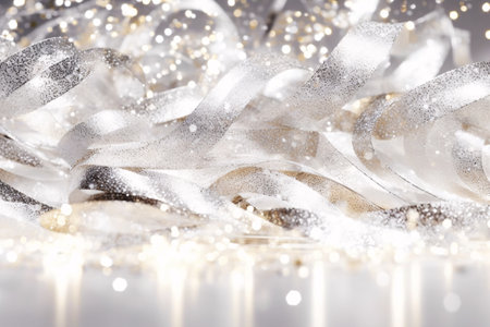 Silver ribbon on bokeh background. Christmas and New Year concept.の素材