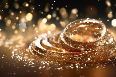 golden wedding rings on a dark background with bokeh effectの素材