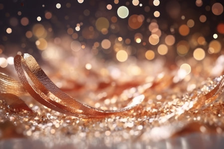 Shiny gold ribbon on bokeh background. holiday concept.の素材