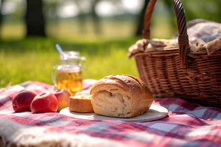 Picnic basket with croissants, apples and juice on the grassの素材
