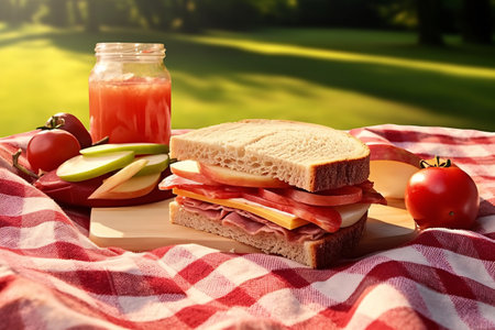 Picnic in the park. Sandwich with ham, cheese and tomato juiceの素材