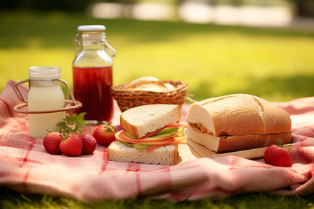 Picnic in the park on the grass with sandwiches, strawberries and juiceの素材