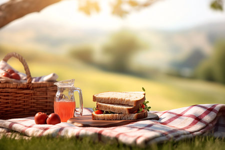 Picnic basket with sandwiches and juice on green grass in countryside.の素材
