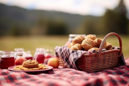 Picnic in nature. Basket with croissants and jamの素材