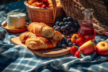 Breakfast with croissants, strawberries, blueberries and juiceの素材