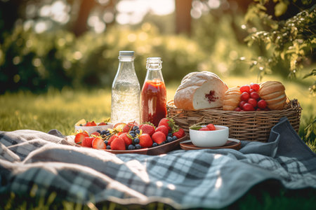 Picnic in the park. Picnic basket with strawberries, raspberries, blueberries, sweet buns, soft focus backgroundの素材