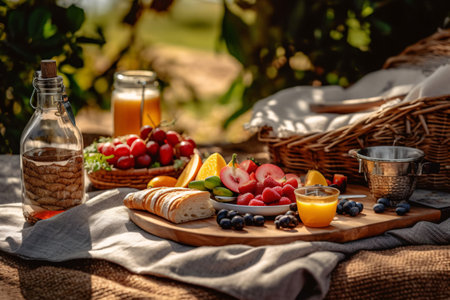 Breakfast with oatmeal, berries, fruits and juice in natureの素材