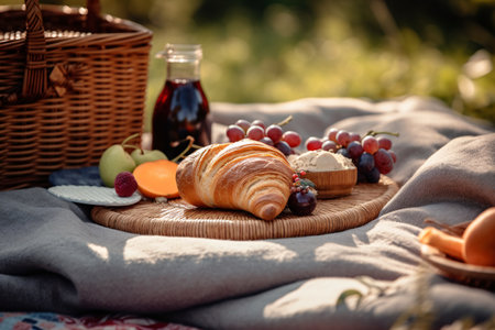 Picnic in the park with croissants, fruit and juiceの素材