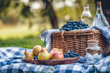Picnic in the park with a basket of pears, grapes and wineの素材