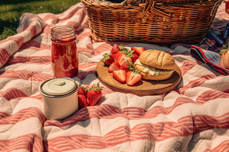 Picnic on the grass with a basket of strawberries and hamburgerの素材