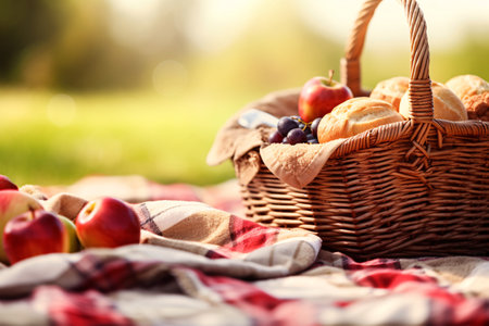 Picnic basket with fresh fruit and berries on plaid in the parkの素材