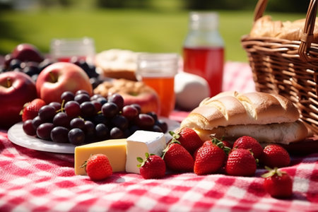 Picnic basket with croissants, fruits, cheese and jamの素材