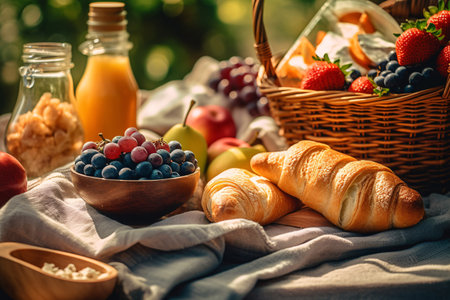 Summer picnic with fresh fruits and croissants in the garden.の素材