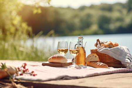 Two glasses of white wine and a basket of bread on a wooden table near the river. Picnic in nature.の素材