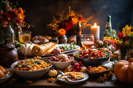 Thanksgiving dinner on a rustic wooden table with pumpkins, vegetables and wineの素材
