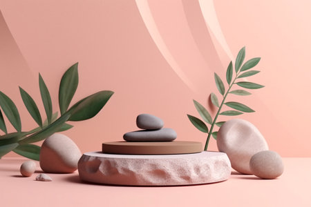 3d render of minimal product display podium with tropical leaves. Abstract background for cosmetic products.の素材
