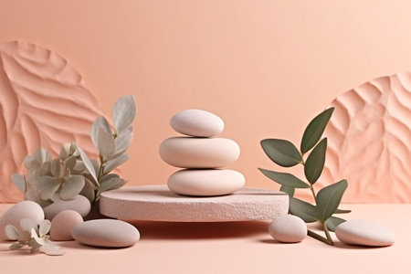 Spa stones and eucalyptus branch on podium on color backgroundの素材