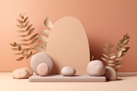 Minimalist abstract background with podiums, stones and plants. 3d renderの素材